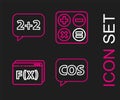 Set line Mathematics function cosine, Function mathematical symbol, Calculator and Equation solution icon. Vector Royalty Free Stock Photo