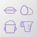 Set line Measuring cup, Bakery bowl dough, Chicken egg and Homemade pie icon. Vector