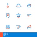 Set line Measuring cup and bowl, Gas stove, Frying pan on fire, Cookbook, Cooking pot, and icon. Vector