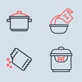 Set line Measuring cup and bowl, Packet of pepper, Slow cooker and Cooking pot icon. Vector
