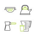 Set line Measuring cup, Coffee turk, Kettle with handle and Kitchen colander icon. Vector