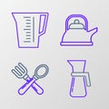 Set line Measuring cup, Crossed fork and spoon, Kettle with handle and icon. Vector