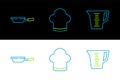 Set line Measuring cup, Frying pan and Chef hat icon. Vector