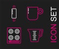 Set line Measuring cup, Gas stove, Coffee and Rolling pin icon. Vector