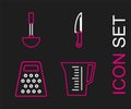 Set line Measuring cup, Grater, Knife and Kitchen ladle icon. Vector