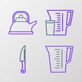 Set line Measuring cup, Knife, and Kettle with handle icon. Vector