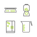 Set line Measuring cup, Refrigerator, Blender and Electronic scales icon. Vector Royalty Free Stock Photo