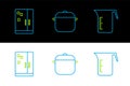 Set line Measuring cup, Refrigerator and Cooking pot icon. Vector