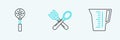 Set line Measuring cup, Spatula and Crossed fork and spoon icon. Vector