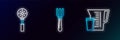 Set line Measuring cup, Spatula and Fork icon. Glowing neon. Vector