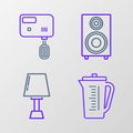 Set line Measuring cup, Table lamp, Stereo speaker and Electric mixer icon. Vector