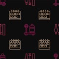 Set line Measuring height body, Calendar and Scale with suitcase on seamless pattern. Vector