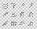 Set line Meat chopper, Barbecue grill, fork, Grilled shish kebab, Sausage, Campfire, Wooden logs and icon. Vector