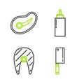 Set line Meat chopper, Fish steak, Sauce bottle and Steak meat icon. Vector