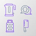 Set line Meat chopper, Grater, Chef hat in speech bubble and Electric kettle icon. Vector