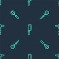 Set line Meat chopper, Kitchen whisk and Wine corkscrew on seamless pattern. Vector