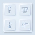 Set line Meat chopper, Measuring cup, Kitchen whisk and Coffee turk. White square button. Vector