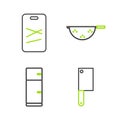 Set line Meat chopper, Refrigerator, Kitchen colander and Cutting board icon. Vector