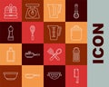 Set line Meat chopper, Salt, Cooking pot, Measuring cup, Kitchen whisk, Pepper, and pepper and icon. Vector