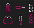 Set line Meat chopper, Toaster with toasts, Frying pan and Salt icon. Vector