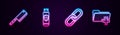 Set line Meat chopper, USB flash drive and shield, Chain link and Add new folder. Glowing neon icon. Vector