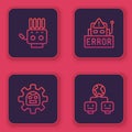 Set line Mechanical robot hand, Robot, Error in and Artificial intelligence. Blue square button. Vector Royalty Free Stock Photo