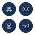 Set line Medal with clover, Bow tie, Leprechaun hat and Trumpet with long shadow. Blue circle button. Vector Royalty Free Stock Photo