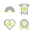 Set line Medal with four leaf clover, Heart, Four and party pennant and Rainbow icon. Vector