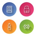 Set line Medical book, Women waist, Bottle of water and No junk food. Color circle button. Vector