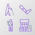 Set line Medical hospital building, Human broken arm, Prosthesis leg and Blind human holding stick icon. Vector