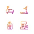 Set line Medical hospital building, Intercom, Hospital bed and Treadmill machine. Gradient color icons. Vector