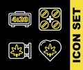 Set line Medical pills with marijuana, Marijuana leaf in heart, and cannabis store and Digital alarm clock icon. Vector