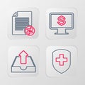 Set line Medical shield with cross, Upload inbox, Monitor dollar and Transfer files icon. Vector Royalty Free Stock Photo