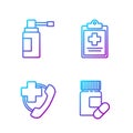 Set line Medicine bottle and pills, Emergency phone call to hospital, Medical bottle with nozzle spray and Medical