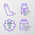 Set line Medicine bottle and pills, Emergency star medical symbol Caduceus snake with stick, and Inhaler icon. Vector Royalty Free Stock Photo