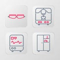 Set line Medicine cabinet, Monitor with cardiogram, X-ray machine and Safety goggle glasses icon. Vector Royalty Free Stock Photo