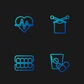 Set line Medicine pill or tablet, False jaw, Heart rate and Knitting. Gradient color icons. Vector Royalty Free Stock Photo