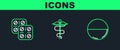 Set line Medicine pill or tablet, Pills blister pack and Caduceus snake medical symbol icon. Vector Royalty Free Stock Photo