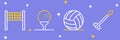 Set line Medieval arrows, Volleyball ball, Golf on tee and net icon. Vector
