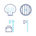 Set line Medieval axe, Executioner in tree block, Round wooden shield and Skull icon. Vector Royalty Free Stock Photo