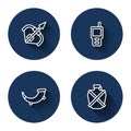 Set line Medieval bow and arrow, Walkie talkie, Hunting horn and Canteen water bottle with long shadow. Blue circle Royalty Free Stock Photo