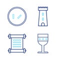 Set line Medieval goblet, Decree, parchment, scroll, Castle tower and Round wooden shield icon. Vector