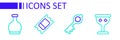 Set line Medieval goblet, Old magic key, Circus ticket and Bottle with potion icon. Vector Royalty Free Stock Photo