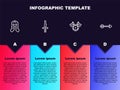 Set line Medieval helmet, Dagger, shield with axe and Arrow. Business infographic template. Vector