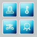 Set line Medieval hood, Old key, Catapult shooting stones and keys icon. Vector