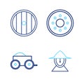 Set line Medieval iron helmet, Wooden four-wheel cart, Round wooden shield and icon. Vector