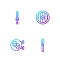 Set line Medieval spear, Comedy and tragedy masks, sword and Greek shield. Gradient color icons. Vector