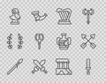 Set line Medieval spear, sword, Harp, Crossed medieval, Ancient bust sculpture, Neptune Trident, Parthenon and arrows