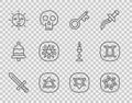 Set line Medieval sword, Tarot cards, Old key, Air element, Sun, Pentagram in circle, Earth and Gemini zodiac icon