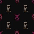 Set line Medieval throne, Castle tower and Windmill on seamless pattern. Vector Royalty Free Stock Photo